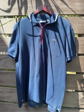 Lacoste Men’s Made in France Quarter Zip Polo Shirt XXL Navy Blue Red Zip Cotton